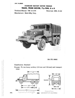 im y-zouu 
STANDARD MILITARY MOTOR VEHICLES 
TRUCK, PRIME MOVER, 7i/2-TON, 6x6 
Technical Manual: TM 10-1479 Parts List: SNL G-532 
Manufacturer: Mack Mfg. Corp. 
RA PD 66662 
Classification: Standard 
Purpose: To tow heavy artillery (155-mm and 240-mm) and transport 
cargo. 
122" 
Reducible to 94" 
308 
Generated on 2013-05-08 10:52 GMT / http://hdl.handle.net/2027/uc1.b3244022 
Public Domain, Google-digitized / http://www.hathitrust.org/access_use#pd-google 
 