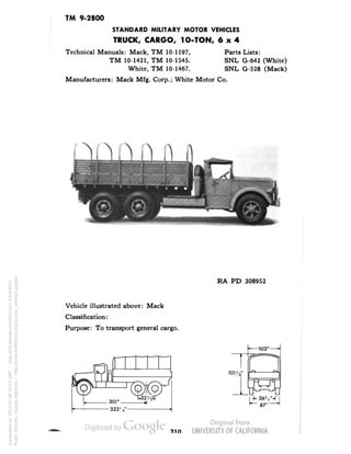 TM 9-2800 
STANDARD MILITARY MOTOR VEHICLES 
TRUCK, CARGO, 1O-TON, 6x4 
Technical Manuals: Mack, TM 10-1197, Parts Lists: 
TM 10-1421, TM 10-1545. SNL G-642 (White) 
White, TM 10-1467. SNL G-528 (Mack) 
Manufacturers: Mack Mfg. Corp.; White Motor Co. 
RA PD 308952 
Vehicle illustrated above: Mack 
Classification: 
Purpose: To transport general cargo. 
.110 
Generated on 2013-05-08 10:53 GMT / http://hdl.handle.net/2027/uc1.b3244022 
Public Domain, Google-digitized / http://www.hathitrust.org/access_use#pd-google 
 