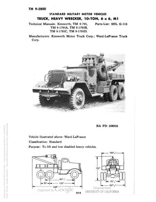TM 9-2800 
STANDARD MILITARY MOTOR VEHICLES 
TRUCK, HEAVY WRECKER, 1O-TON, 6x6, Ml 
Technical Manuals: Kenworth, TM 9-795, Parts List: SNL G-116 
TM 9-1795A, TM 9-1795B, 
TM 9-1795C, TM 9-1795D. 
Manufacturers: Kenworth Motor Truck Corp.; Ward-LaFrance Truck 
Corp. 
RA PD 308956 
Vehicle illustrated above: Ward-LaFrance 
Classification: Standard 
Purpose: To lift and tow disabled heavy vehicles. 
ioov 
312 
Generated on 2013-05-08 10:53 GMT / http://hdl.handle.net/2027/uc1.b3244022 
Public Domain, Google-digitized / http://www.hathitrust.org/access_use#pd-google 
 