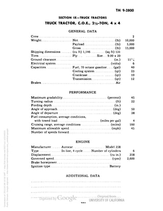 TM 9-2800 
SECTION IX-TRUCK TRACTORS 
TRUCK TRACTOR, C.O.E., 2y2-TON, 4x4 
GENERAL DATA 
Crew 2 
Weight Net (Ib) 10,000 
Payload (Ib) 5,000 
Gross (Ib) 15,000 
Shipping dimensions (cu ft) 1,146 (sq ft) 131 
Tires Ply Size... 9.00 x 20 
Ground clearance (in.) 11% 
Electrical system (volts) 6 
Capacities Fuel, 70 octane gasoline.... (gal) 40 
Cooling system (qt) 23 
Crankcase (qt) 10 
Transmission (qt) 12 
Brakes Air 
PERFORMANCE 
Maximum gradability (percent) 45 
Turning radius (ft) 22 
Fording depth (in.) 
Angle of approach (deg) 50 
Angle of departure (deg) 38 
Fuel consumption, average conditions, 
with towed load (miles per gal) 4 
Cruising range, average conditions (miles) 160 
Maximum allowable speed (mph) 45 
Number of speeds forward 
ENGINE 
Manufacturer Autocar Model 358 
Type In-line, 4 cycle Number of cylinders 6 
Displacement (cu in.) 358 
Governed speed (rpm) 2,600 
Brake horsepower 
Ignition type Battery 
ADDITIONAL DATA 
Generated on 2013-05-08 10:56 GMT / http://hdl.handle.net/2027/uc1.b3244022 
Public Domain, Google-digitized / http://www.hathitrust.org/access_use#pd-google 
 