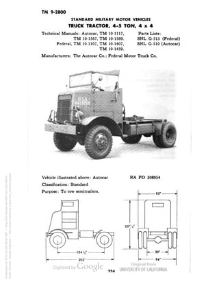 TM 9-2800 
STANDARD MILITARY MOTOR VEHICLES 
TRUCK TRACTOR, 4-5 TON, 4x4 
Technical Manuals: Autocar, TM 10-1117, Parts Lists: 
TM 10-1567, TM 10-1569. SNL G-513 (Federal) 
Federal, TM 10-1107, TM 10-1407, SNL G-510 (Autocar) 
TM 10-1459. 
Manufacturers: The Autocar Co.; Federal Motor Truck Co. 
Vehicle illustrated above: Autocar 
Classification: Standard 
Purpose: To tow semitrailers. 
RA PD 308954 
95'- 
107V 
50* 
94' 
394 
Generated on 2013-05-08 16:06 GMT / http://hdl.handle.net/2027/uc1.b3244022 
Public Domain, Google-digitized / http://www.hathitrust.org/access_use#pd-google 
 