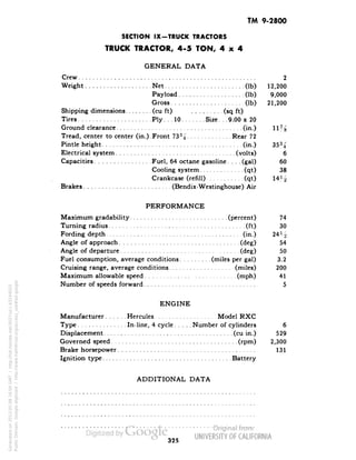 TM 9-2800 
SECTION IX-TRUCK TRACTORS 
TRUCK TRACTOR, 4-5 TON, 4x4 
GENERAL DATA 
Crew 2 
Weight Net (Ib) 12,200 
Payload (Ib) 9,000 
Gross (Ib) 21,200 
Shipping dimensions (cu ft) (sq ft) 
Tires Ply. . .10 Size. . .9.00 x 20 
Ground clearance (in.) Hj^ 
Tread, center to center (in.).Front 73% Rear 72 
Pintle height (in.) 35% 
Electrical system (volts) 6 
Capacities Fuel, 64 octane gasoline .... (gal) 60 
Cooling system (qt) 38 
Crankcase (refill) (qt) 14^ 
Brakes (Bendix-Westinghouse) Air 
PERFORMANCE 
Maximum gradability (percent) 74 
Turning radius (ft) 30 
Fording depth (in.) 24H 
Angle of approach (deg) 54 
Angle of departure (deg) 50 
Fuel consumption, average conditions (miles per gal) 3.2 
Cruising range, average conditions (miles) 200 
Maximum allowable speed (mph) 41 
Number of speeds forward 5 
ENGINE 
Manufacturer Hercules Model RXC 
Type In-line, 4 cycle Number of cylinders 6 
Displacement (cu in.) 529 
Governed speed (rpm) 2,300 
Brake horsepower 131 
Ignition type Battery 
ADDITIONAL DATA 
325 
Generated on 2013-05-08 16:04 GMT / http://hdl.handle.net/2027/uc1.b3244022 
Public Domain, Google-digitized / http://www.hathitrust.org/access_use#pd-google 
 