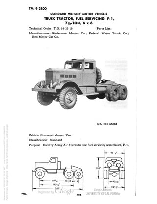 TM 9-2800 
STANDARD MILITARY MOTOR VEHICLES 
TRUCK TRACTOR, FUEL SERVICING, F-l, 
7i/2-TON, 6x6 
Technical Order: T.O. 19-25-19 Parts List: 
Manufacturers: Biederman Motors Co.; Federal Motor Truck Co.; 
Reo Motor Car Co. 
RA PD 66684 
Vehicle illustrated above: Reo 
Classification: Standard 
Purpose: Used by Army Air Forces to tow fuel servicing semitrailer, F-1. 
T9S 
Generated on 2013-05-07 20:05 GMT / http://hdl.handle.net/2027/uc1.b3244022 
Public Domain, Google-digitized / http://www.hathitrust.org/access_use#pd-google 
 