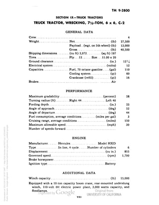 TM 9-2800 
SECTION IX-TRUCK TRACTORS 
TRUCK TRACTOR, WRECKING, 7i/2-TON, 6x6, C-2 
GENERAL DATA 
Crew 4 
Weight Net (Ib) 27,500 
Payload.. (wgt. on 5th wheel) (Ib) 13,000 
Gross (Ib) 40,500 
Shipping dimensions (cu ft) 2,072 (sq ft) 197 
Tires Ply.. .12 Size. .. 11.00 x 20 
Ground clearance (in.) 121/$ 
Electrical system (volts) 12 
Capacities Fuel, 70 octane gasoline.... (gal) 110 
Cooling system (qt) 60 
Crankcase (refill) (qt) 16 
Brakes Air 
PERFORMANCE 
Maximum gradability (percent) 58 
Turning radius (ft) Right 44 Left 40 
Fording depth (in.) 23 
Angle of approach (deg) 52 
Angle of departure (deg) 44 
Fuel consumption, average conditions (miles per gal) 3 
Cruising range, average conditions (miles) 150 
Maximum allowable speed (mph) 30 
Number of speeds forward 
ENGINE 
Manufacturer Hercules Model HXD 
Type In-line, 4 cycle Number of cylinders 6 
Displacement (cu in.) 855 
Governed speed (rpm) 1,700 
Brake horsepower 
Ignition type Battery 
ADDITIONAL DATA 
Winch capacity (Ib) 15,000 
Equipped with a 10-ton capacity boom crane, rear-mounted underslung 
winch, 110-volt DC electric power plant, 3,000 watts capacity, and 
floodlamps. 
991 
Generated on 2013-05-07 20:07 GMT / http://hdl.handle.net/2027/uc1.b3244022 
Public Domain, Google-digitized / http://www.hathitrust.org/access_use#pd-google 
 