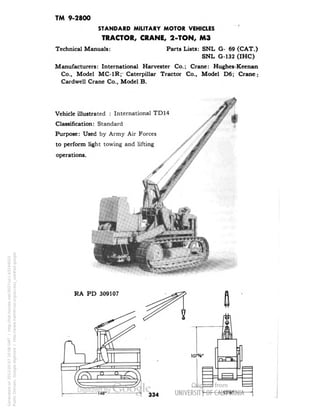 TM 9-2800 
STANDARD MILITARY MOTOR VEHICLES 
TRACTOR, CRANE, 2-TON, M3 
Technical Manuals: Parts Lists: SNL G- 69 (CAT.) 
SNL G-132 (IHC) 
Manufacturers: International Harvester Co.; Crane: Hughes-Keenan 
Co., Model MC-1R; Caterpillar Tractor Co., Model D6; Crane: 
Cardwell Crane Co., Model B. 
Vehicle illustrated : International TD14 
Classification: Standard 
Purpose: Used by Army Air Forces 
to perform light towing and lifting 
operations. 
RA PD 309107 
107V 
-92%" 
334 
Generated on 2013-05-07 20:08 GMT / http://hdl.handle.net/2027/uc1.b3244022 
Public Domain, Google-digitized / http://www.hathitrust.org/access_use#pd-google 
 
