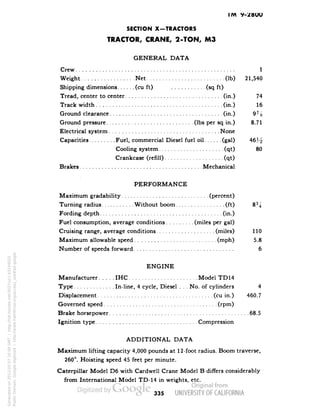 IM V-2BUU 
SECTION X-TRACTORS 
TRACTOR, CRANE, 2-TON, M3 
GENERAL DATA 
Crew 1 
Weight Net (Ib) 21,540 
Shipping dimensions (cu ft) (sq ft) 
Tread, center to center (in.) 74 
Track width (in.) 16 
Ground clearance (in.) 91/s 
Ground pressure (Ibs per sq in.) 8.71 
Electrical system None 
Capacities Fuel, commercial Diesel fuel oil (gal) 46 H 
Cooling system (qt) 80 
Crankcase (refill). (qt) 
Brakes Mechanical 
PERFORMANCE 
Maximum gradability (percent) 
Turning radius Without boom (ft) 8% 
Fording depth (in.) 
Fuel consumption, average conditions (miles per gal) 
Cruising range, average conditions (miles) 110 
Maximum allowable speed (mph) 5.8 
Number of speeds forward 6 
ENGINE 
Manufacturer IHC Model TD14 
Type In-line, 4 cycle, Diesel . . . No. of cylinders 4 
Displacement (cu in.) 460.7 
Governed speed (rpm) 
Brake horsepower 68.5 
Ignition type Compression 
ADDITIONAL DATA 
Maximum lifting capacity 4,000 pounds at 12-foot radius. Boom traverse, 
260°. Hoisting speed 45 feet per minute. 
Caterpillar Model D6 with Cardwell Crane Model B differs considerably 
from International Model TD-14 in weights, etc. 
335 
Generated on 2013-05-07 20:09 GMT / http://hdl.handle.net/2027/uc1.b3244022 
Public Domain, Google-digitized / http://www.hathitrust.org/access_use#pd-google 
 