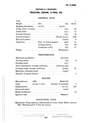 TM 9-2800 
SECTION X-TRACTORS 
TRACTOR, CRANE, 2-TON, MS 
GENERAL DATA 
Crew 1 
Weight Net (Ib) 18,725 
Shipping dimensions (cu ft) . . (sq ft) 
Tread, center to center (in.) 60 
Track width (in.) 15 
Ground clearance (in.) 10 
Ground pressure (Ibs per sq in.) 8.68 
Electrical system (volts) 6 
Capacities Fuel, 70 octane gasoline (gal) 31 
Cooling system (qt) 48 
Crankcase (refill) (qt) 11 
Brakes Mechanical 
PERFORMANCE 
Maximum gradability (percent) 
Turning radius (ft) 8 
Fording depth (in.) 
Fuel consumption, average conditions (miles per gal) 
Cruising range, average conditions (miles) 55 
Maximum allowable speed (mph) 
Number of speeds forward 5 
ENGINE 
Manufacturer IHC Model T9 
Type In-line, 4 cycle Number of cylinders 4 
Displacement (cu in.) 353 
Governed speed (rpm) 
Brake horsepower 52 
Ignition type Magneto 
ADDITIONAL DATA 
Maximum lifting capacity 4,000 pounds at 8-foot radius. Boom traverse 
260°. Hoisting speed 71 feet per minute. 
339 
Generated on 2013-05-07 20:10 GMT / http://hdl.handle.net/2027/uc1.b3244022 
Public Domain, Google-digitized / http://www.hathitrust.org/access_use#pd-google 
 