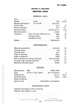 TM 9-2800 
SECTION X-TRACTORS 
TRACTOR, LIGHT 
GENERAL DATA 
Crew 1 
Weight Gross (Ib) 11,325 
Shipping dimensions (cu ft) 439 T (sq ft) 67 
Track width (in.) 16 
Ground clearance (in.) 95 s 
Ground pressure (Ibs per sq in.) 5.58 
Electrical system (volts) 6 
Capacities Fuel, 50 cetane Diesel fuel oil (gal) 31 
Cooling system (qt) 52 
Crankcase (refill) (qt) 11 
Brakes Mechanical 
PERFORMANCE 
Maximum gradability (percent) 58 
Turning radius (ft) 7^ 
Fording depth (in.) 31 
Angle of approach (deg) 45 
Angle of departure (deg) 14 
Fuel consumption, average conditions (miles per gal) 3.3 
Cruising range, average conditions (miles) 51 
Maximum allowable speed (mph) 5.3 
ENGINE 
Manufacturer. . .IHC Model TD9 
Type In-line, 4 cycle, Diesel No. of cylinders 4 
Displacement (cu in.) 334.5 
Governed speed (rpm) 1,400 
Brake horsepower 
Ignition type Compression and magneto 
ADDITIONAL DATA 
Gasoline and magneto used for starting. 
Gasoline tank capacity % gal. 
Generated on 2013-05-07 20:11 GMT / http://hdl.handle.net/2027/uc1.b3244022 
Public Domain, Google-digitized / http://www.hathitrust.org/access_use#pd-google 
 