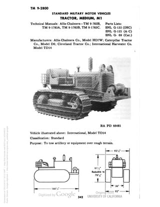 TM 9-2800 
STANDARD MILITARY MOTOR VEHICLES 
TRACTOR, MEDIUM, Ml 
Technical Manuals: Allis-Chalmers—TM 9-783B, 
TM 9-1783A, TM 9-1783B, TM 9-1783C. 
Parts Lists: 
SNL G-132 (IHC) 
SNL G-125 (A-C) 
SNL G- 69 (Cat.) 
Manufacturers: Allis-Chalmers Co., Model HD7W; Caterpillar Tractor 
Co., Model D6; Cleveland Tractor Co.; International Harvester Co. 
Model TD14 
RA PD 66481 
Vehicle illustrated above: International, Model TD14 
Classification: Standard 
Purpose: To tow artillery or equipment over rough terrain. 
91W 
Reducible to 
78* 3' 
J_ 
92!'s' 
-56' 
92' 
342 
Generated on 2013-05-07 20:12 GMT / http://hdl.handle.net/2027/uc1.b3244022 
Public Domain, Google-digitized / http://www.hathitrust.org/access_use#pd-google 
 