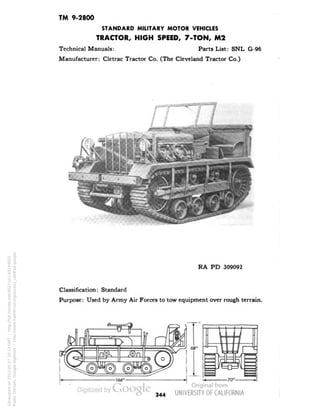 TM 9-2800 
STANDARD MILITARY MOTOR VEHICLES 
TRACTOR, HIGH SPEED, 7-TON, M2 
Technical Manuals: Parts List: SNL G-96 
Manufacturer: Cletrac Tractor Co. (The Cleveland Tractor Co.) 
RA PD 309092 
Classification: Standard 
Purpose: Used by Army Air Forces to tow equipment over rough terrain. 
68" 
344 
Generated on 2013-05-07 20:13 GMT / http://hdl.handle.net/2027/uc1.b3244022 
Public Domain, Google-digitized / http://www.hathitrust.org/access_use#pd-google 
 