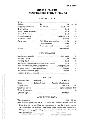 TM 9-2800 
SECTION X-TRACTORS 
TRACTOR, HIGH SPEED, 7-TON, M2 
GENERAL DATA 
Crew 3 
Weight Net (Ib) 14,700 
Shipping dimensions (cu ft) 495 (sq ft) 79 
Track width (in.) 14 
Tread, center to center (in.) 52 
Ground clearance (in.) 19 
Ground pressure (Ibs per sq in.) 7.9 
Electrical system (volts) 12 
Capacities Fuel, 70 octane gasoline (gal) 33 
Cooling system (qt) 37 
Crankcase (refill) (qt) 11 
Brakes Mechanical 
PERFORMANCE 
Maximum gradability (percent) 60 
Turning radius (ft) 101^ 
Fording depth (in.) 32 
Maximum vertical obstacle vehicle will climb (in.) 20 
Fuel consumption, average conditions (miles per gal) 3 
Cruising range, average conditions (miles) 100 
Maximum allowable speed (mph) 22 
Number of speeds forward 4 
ENGINE 
Manufacturer Hercules WXLC3 
Type In-line, 4 cycle Number of cylinders 6 
Displacement (cu in.) 404 
Governed speed (rpm) 2500 and 3280 
Brake horsepower 150 
Ignition type Battery 
ADDITIONAL DATA 
Winch capacity (Ib) 10,000 
Has auxiliary generator, 3KW, 110 volts, DC current, driven by V-belt 
from tractor engine. Has air compressor driven by tractor engine, 
16.7 cubic feet per minute, three stage, 2,000 pounds per square inch. 
Compressor equipped with pressure outlets reducible to 100 pounds 
per square inch. 
Generated on 2013-05-07 20:13 GMT / http://hdl.handle.net/2027/uc1.b3244022 
Public Domain, Google-digitized / http://www.hathitrust.org/access_use#pd-google 
 