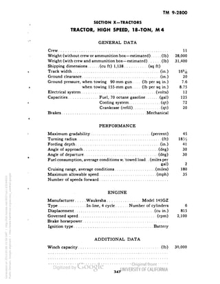 TM 9-2800 
SECTION X-TRACTORS 
TRACTOR, HIGH SPEED, 18-TON, M4 
GENERAL DATA 
Crew 11 
Weight (without crew or ammunition box—estimated) (Ib) 28,000 
Weight (with crew and ammunition box—estimated) (Ib) 31,400 
Shipping dimensions (cu ft) 1,138 (sq ft) 
Track width (in.) 16?^ 
Ground clearance (in.) 20 
Ground pressure, when towing 90-mm gun. . . . (Ib per sq in.) 7.6 
when towing 155-mm gun.... (Ib per sq in.) 8.75 
Electrical system (volts) 12 
Capacities Fuel, 70 octane gasoline (gal) 125 
Cooling system (qt) 72 
Crankcase (refill) (qt) 20 
Brakes Mechanical 
PERFORMANCE 
Maximum gradability (percent) 45 
Turning radius (ft) 18H 
Fording depth (in.) 41 
Angle of approach (deg) 30 
Angle of departure (deg) 30 
Fuel consumption, average conditions w/towed load. . (miles per 
gal) 2 
Cruising range, average conditions (miles) 180 
Maximum allowable speed (mph) 35 
Number of speeds forward 
ENGINE 
Manufacturer Waukesha Model 145GZ 
Type In-line, 4 cycle Number of cylinders 6 
Displacement (cu in.) 815 
Governed speed (rpm) 2,100 
Brake horsepower 
Ignition type Battery 
ADDITIONAL DATA 
Winch capacity (Ib) 30,000 
347 
Generated on 2013-05-08 15:58 GMT / http://hdl.handle.net/2027/uc1.b3244022 
Public Domain, Google-digitized / http://www.hathitrust.org/access_use#pd-google 
 