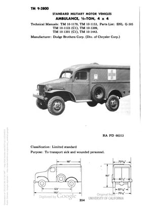 TM 9-2800 
STANDARD MILITARY MOTOR VEHICLES 
AMBULANCE, Vz-TON, 4x4 
Technical Manuals: TM 10-1179, TM 10-1153, Parts List: SNL G-50S 
TM 10-1123 (Cl), TM 10-1209, 
TM 10-1201 (Cl), TM 10-1443. 
Manufacturer: Dodge Brothers Corp. (Div. of Chrysler Corp.) 
RA PD 66313 
Classification: Limited standard 
Purpose: To transport sick and wounded personnel. 
90" 
354 
Generated on 2013-05-08 15:54 GMT / http://hdl.handle.net/2027/uc1.b3244022 
Public Domain, Google-digitized / http://www.hathitrust.org/access_use#pd-google 
 