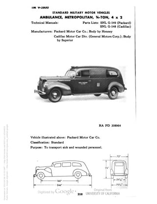 im y- 
STANDARD MILITARY MOTOR VEHICLES 
AMBULANCE, METROPOLITAN, %-TON, 4x2 
Technical Manuals: Parts Lists: SNL G-549 (Packard) 
SNL G-548 (Cadillac) 
Manufacturers: Packard Motor Car Co.; Body by Henney 
Cadillac Motor Car Div. (General Motors Corp.); Body 
by Superior 
RA PD 308964 
Vehicle illustrated above: Packard Motor Car Co. 
Classification: Standard 
Purpose: To transport sick and wounded personnel. 
358 
Generated on 2013-05-08 15:53 GMT / http://hdl.handle.net/2027/uc1.b3244022 
Public Domain, Google-digitized / http://www.hathitrust.org/access_use#pd-google 
 