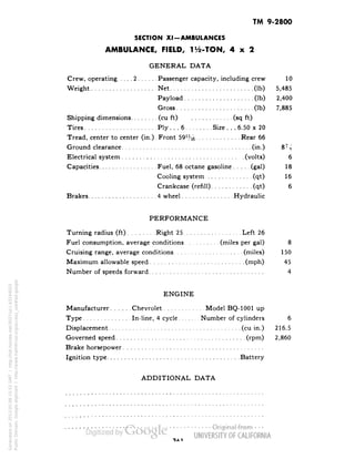 TM 9-2800 
SECTION XI-AMBULANCES 
AMBULANCE, FIELD, iV2-TON, 4x2 
GENERAL DATA 
Crew, operating 2 Passenger capacity, including crew 10 
Weight Net (Ib) 5,485 
Payload (Ib) 2,400 
Gross (Ib) 7,885 
Shipping dimensions (cu ft) (sq ft) 
Tires Ply.. . 6 Size ... 6.50 x 20 
Tread, center to center (in.) Front 59% Rear 66 
Ground clearance (in.) 87/x 
Electrical system (volts) 6 
Capacities Fuel, 68 octane gasoline (gal) 18 
Cooling system (qt) 16 
Crankcase (refill) (qt) 6 
Brakes 4 wheel Hydraulic 
PERFORMANCE 
Turning radius (ft) .Right 25 Left 26 
Fuel consumption, average conditions (miles per gal) 8 
Cruising range, average conditions (miles) 150 
Maximum allowable speed (mph) 45 
Number of speeds forward 4 
ENGINE 
Manufacturer Chevrolet Model BQ-1001 up 
Type In-line, 4 cycle Number of cylinders 6 
Displacement (cu in.) 216.5 
Governed speed (rpm) 2,860 
Brake horsepower 
Ignition type Battery 
ADDITIONAL DATA 
Generated on 2013-05-08 15:52 GMT / http://hdl.handle.net/2027/uc1.b3244022 
Public Domain, Google-digitized / http://www.hathitrust.org/access_use#pd-google 
 