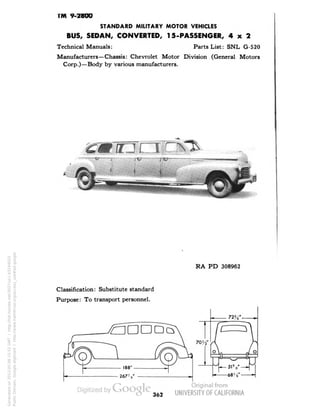 TM 9-2800 
STANDARD MILITARY MOTOR VEHICLES 
BUS, SEDAN, CONVERTED, 15-PASSENGER, 4x2 
Technical Manuals: Parts List: SNL G-520 
Manufacturers—Chassis: Chevrolet Motor Division (General Motors 
Corp.)—Body by various manufacturers. 
RA PD 308962 
Classification: Substitute standard 
Purpose: To transport personnel. 
362 
Generated on 2013-05-08 15:52 GMT / http://hdl.handle.net/2027/uc1.b3244022 
Public Domain, Google-digitized / http://www.hathitrust.org/access_use#pd-google 
 
