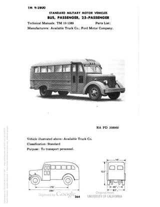 TM 9-2800 
STANDARD MILITARY MOTOR VEHICLES 
BUS, PASSENGER, 25-PASSENGER 
Technical Manuals: TM 10-1389 Parts List: 
Manufacturers: Available Truck Co.; Ford Motor Company. 
RA PD 308960 
Vehicle illustrated above: Available Truck Co. 
Classification: Standard 
Purpose: To transport personnel. 
286 
105" 
a a 
83:V 
364 
Generated on 2013-05-08 15:50 GMT / http://hdl.handle.net/2027/uc1.b3244022 
Public Domain, Google-digitized / http://www.hathitrust.org/access_use#pd-google 
 