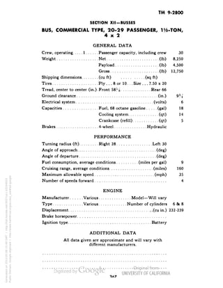 TM 9-2800 
SECTION XII -BUSSES 
BUS, COMMERCIAL TYPE, 2O-29 PASSENGER, H/a-TON, 
4x2 
GENERAL DATA 
Crew, operating 1 Passenger capacity, including crew 30 
Weight Net (Ib) 8,250 
Payload (Ib) 4,500 
Gross (Ib) 12,750 
Shipping dimensions (cu ft) (sq ft) 
Tires Ply... 8 or 10... Size . .. 7.50 x 20 
Tread, center to center (in.). Front 58% Rear 66 
Ground clearance (in.) 9% 
Electrical system (volts) 6 
Capacities Fuel, 68 octane gasoline (gal) 18 
Cooling system (qt) 14 
Crankcase (refill) : (qt) 5 
Brakes 4-wheel Hydraulic 
PERFORMANCE 
Turning radius (ft) Right 28 Left 30 
Angle of approach (deg) 
Angle of departure (deg) 
Fuel consumption, average conditions (miles per gal) 9 
Cruising range, average conditions (miles) 160 
Maximum allowable speed (mph) 35 
Number of speeds forward 4 
ENGINE 
Manufacturer Various Model—Will vary 
Type Various Number of cylinders 6 SB 8 
Displacement (cu in.) 232-239 
Brake horsepower 
Ignition type Battery 
ADDITIONAL DATA 
All data given are approximate and will vary with 
different manufacturers. 
Generated on 2013-05-08 15:49 GMT / http://hdl.handle.net/2027/uc1.b3244022 
Public Domain, Google-digitized / http://www.hathitrust.org/access_use#pd-google 
 