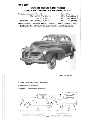TM 9-2800 
STANDARD MILITARY MOTOR VEHICLES 
CAR, LIGHT SEDAN, 5-PASSENGER, 4x2 
Technical Manuals: Chevrolet— 
TM 10-1303, TM 10-1133. 
Ford—TM 10-1375. 
Plymouth—TM 10-1149, TM 10-1151. 
Manufacturers: Chevrolet Motor Division (General Motors Corp.); 
Ford Motor Co.; Plymouth Division, Chrysler Motor Corporation. 
Parts Lists: 
SNL G-520 (Chev.) 
SNL G-521 (Plym.) 
SNL G-522 (Ford) 
RA PD 66355 
Vehicle illustrated above: Chevrolet 
Classification: Standard 
Purpose: To transport personnel. 
372 
Generated on 2013-05-08 15:28 GMT / http://hdl.handle.net/2027/uc1.b3244022 
Public Domain, Google-digitized / http://www.hathitrust.org/access_use#pd-google 
 
