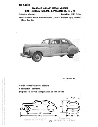 TM 9-2800 
STANDARD MILITARY MOTOR VEHICLES 
CAR, MEDIUM SEDAN, 5-PASSENGER, 4x2 
Technical Manuals: Parts List: SNL G-644 
Manufacturers: Buick Motors Division (General Motors Corp.); Packard 
Motor Car Co. 
RA PD 66361 
Vehicle illustrated above: Packard 
Classification: Standard 
Purpose: To provide transportation for staff officers. 
374 
Generated on 2013-05-08 15:27 GMT / http://hdl.handle.net/2027/uc1.b3244022 
Public Domain, Google-digitized / http://www.hathitrust.org/access_use#pd-google 
 