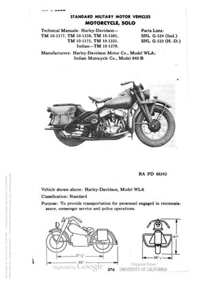 STANDARD MILITARY MOTOR VEHICLES 
MOTORCYCLE, SOLO 
Technical Manuals: Harley-Davidson— Parts Lists: 
TM 10-1177, TM 10-1359, TM 10-1361, SNL G-524 (Ind.) 
TM 10-1175, TM 10-1331. SNL G-523 (H.-D.) 
Indian—TM 10-1279. 
Manufacturers: Harley-Davidson Motor Co., Model WLA; 
Indian Motocycle Co., Model 640-B 
RA PD 66343 
Vehicle shown above: Harley-Davidson, Model WLA 
Classification: Standard 
Purpose: To provide transportation for personnel engaged in reconnais-sance, 
messenger service and police operations. 
376 
Generated on 2013-05-08 15:26 GMT / http://hdl.handle.net/2027/uc1.b3244022 
Public Domain, Google-digitized / http://www.hathitrust.org/access_use#pd-google 
 