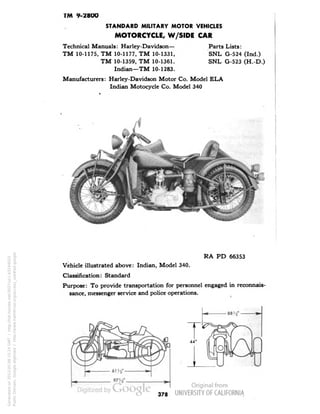 TM 9-2800 
STANDARD MILITARY MOTOR VEHICLES 
MOTORCYCLE, W/SIDE CAR 
Technical Manuals: Harley-Davidson— Parts Lists: 
TM 10-1175, TM 10-1177, TM 10-1331, SNL G-524 (Ind.) 
TM 10-1359, TM 10-1361. SNL G-523 (H.-D.) 
Indian—TM 10-1283. 
Manufacturers: Harley-Davidson Motor Co. Model EL A 
Indian Motocycle Co. Model 340 
RA PD 66353 
Vehicle illustrated above: Indian, Model 340. 
Classification: Standard 
Purpose: To provide transportation for personnel engaged in reconnais-sance, 
messenger service and police operations. 
378 
Generated on 2013-05-08 15:24 GMT / http://hdl.handle.net/2027/uc1.b3244022 
Public Domain, Google-digitized / http://www.hathitrust.org/access_use#pd-google 
 