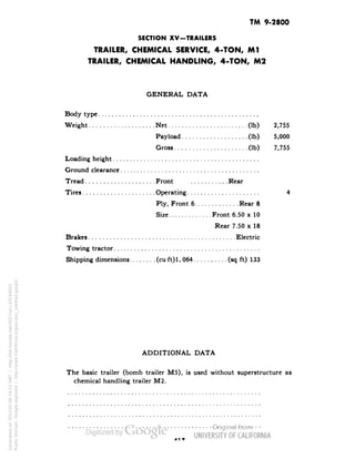 TM 9-2800 
SECTION XV-TRAILERS 
TRAILER, CHEMICAL SERVICE, 4-TON, Ml 
TRAILER, CHEMICAL HANDLING, 4-TON, M2 
GENERAL DATA 
Body type 
Weight Net (Ib) 2,755 
Payload (Ib) 5,000 
Gross (Ib) 7,755 
Loading height 
Ground clearance 
Tread Front Rear 
Tires Operating 4 
Ply, Front 6 Rear 8 
Size Front 6.50 x 10 
Rear 7.50 x 18 
Brakes Electric 
Towing tractor 
Shipping dimensions (cu ft)l, 064 (sq ft) 133 
ADDITIONAL DATA 
The basic trailer (bomb trailer M5), is used without superstructure as 
chemical handling trailer M2. 
Generated on 2013-05-08 16:15 GMT / http://hdl.handle.net/2027/uc1.b3244022 
Public Domain, Google-digitized / http://www.hathitrust.org/access_use#pd-google 
 