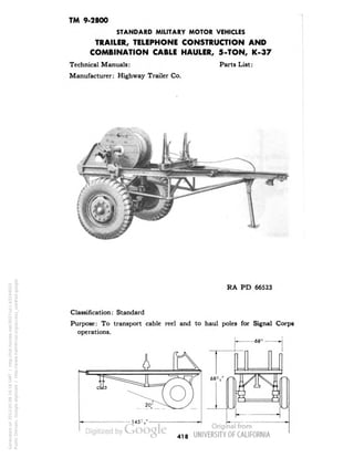 TM 9-2800 
STANDARD MILITARY MOTOR VEHICLES 
TRAILER, TELEPHONE CONSTRUCTION AND 
COMBINATION CABLE HAULER, 5-TON, K-37 
Technical Manuals: Parts List: 
Manufacturer: Highway Trailer Co. 
RA PD 66523 
Classification: Standard 
Purpose: To transport cable reel and to haul poles for Signal Corps 
operations. 
418 
Generated on 2013-05-08 16:16 GMT / http://hdl.handle.net/2027/uc1.b3244022 
Public Domain, Google-digitized / http://www.hathitrust.org/access_use#pd-google 
 