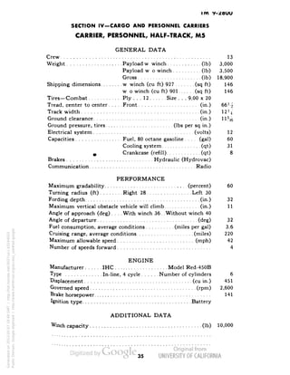 IfW 
SECTION IV-CARGO AND PERSONNEL CARRIERS 
CARRIER, PERSONNEL, HALF-TRACK, M5 
GENERAL DATA 
Crew 13 
Weight Payload w/winch (Ib) 3,000 
Payload wo winch (Ib) 3,500 
Gross (Ib) 18,900 
Shipping dimensions w winch (cu ft) 927 (sq ft) 146 
w o winch (cu ft) 901 (sq ft) 146 
Tires—Combat Ply ... 12 Size . . . 9.00 x 20 
Tread, center to center Front (in.) 66' •> 
Track width (in.) 121£ 
Ground clearance (in.) 11% 
Ground pressure, tires (Ibs per sq in.) 
Electrical system (volts) 12 
Capacities Fuel, 80 octane gasoline (gal) 60 
Cooling system (qt) 31 
9 Crankcase (refill) (qt) 8 
Brakes Hydraulic (Hydrovac) 
Communication Radio 
PERFORMANCE 
Maximum gradability (percent) 60 
Turning radius (ft) Right 28 Left 30 
Fording depth (in.) 32 
Maximum vertical obstacle vehicle will climb (in.) 11 
Angle of approach (deg) .... With winch 36.. Without winch 40 
Angle of departure (deg) 32 
Fuel consumption, average conditions (miles per gal) 3.6 
Cruising range, average conditions (miles) 220 
Maximum allowable speed (mph) 42 
Number of speeds forward 4 
ENGINE 
Manufacturer IHC Model Red-450B 
Type In-line, 4 cycle Number of cylinders 6 
Displacement (cu in.) 451 
Governed speed (rpm) 2,600 
Brake horsepower 141 
Ignition type Battery 
ADDITIONAL DATA 
Winch capacity (Ib) 10,000 
35 
Generated on 2013-05-07 18:49 GMT / http://hdl.handle.net/2027/uc1.b3244022 
Public Domain, Google-digitized / http://www.hathitrust.org/access_use#pd-google 
 
