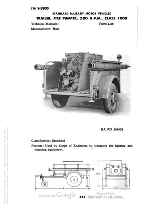 TM 9-2800 
STANDARD MILITARY MOTOR VEHICLES 
TRAILER, FIRE PUMPER, 5OO G.P.M., CLASS 1OOO 
Technical Manuals: Parts List: 
Manufacturer: Hale 
RA PD 309008 
Classification: Standard 
Purpose: Used by Corps of Engineers to transport fire-fighting and 
pumping equipment. 
Generated on 2013-05-08 11:14 GMT / http://hdl.handle.net/2027/uc1.b3244022 
Public Domain, Google-digitized / http://www.hathitrust.org/access_use#pd-google 
 