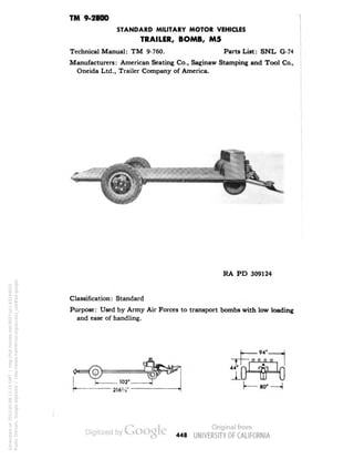 TM 9-2800 
STANDARD MILITARY MOTOR VEHICLES 
TRAILER, BOMB, M5 
Technical Manual: TM 9-760. Parts List: SNL G-74 
Manufacturers: American Seating Co., Saginaw Stamping and Tool Co., 
Oneida Ltd., Trailer Company of America. 
RA PD 309124 
Classification: Standard 
Purpose: Used by Army Air Forces to transport bombs with low loading 
and ease of handling. 
448 
Generated on 2013-05-08 11:15 GMT / http://hdl.handle.net/2027/uc1.b3244022 
Public Domain, Google-digitized / http://www.hathitrust.org/access_use#pd-google 
 