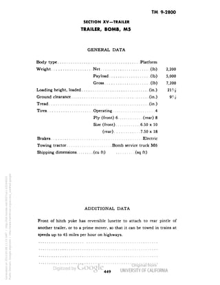 TM 9-2800 
SECTION XV-TRAILER 
TRAILER, BOMB, M5 
GENERAL DATA 
Body type Platform 
Weight Net (Ib) 2,200 
Payload (Ib) 5,000 
Gross (Ib) 7,200 
Loading height, loaded (in.) 
Ground clearance (in.) 
Tread (in.) 
Tires Operating 4 
Ply (front) 6 (rear) 8 
Size (front) 6.50 x 10 
(rear) 7.50 x 18 
Brakes Electric 
Towing tractor Bomb service truck M6 
Shipping dimensions (cu ft) (sq ft) 
ADDITIONAL DATA 
Front of hitch yoke has reversible lunette to attach to rear pintle of 
another trailer, or to a prime mover, so that it can be towed in trains at 
speeds up to 45 miles per hour on highways. 
449 
Generated on 2013-05-08 11:15 GMT / http://hdl.handle.net/2027/uc1.b3244022 
Public Domain, Google-digitized / http://www.hathitrust.org/access_use#pd-google 
 