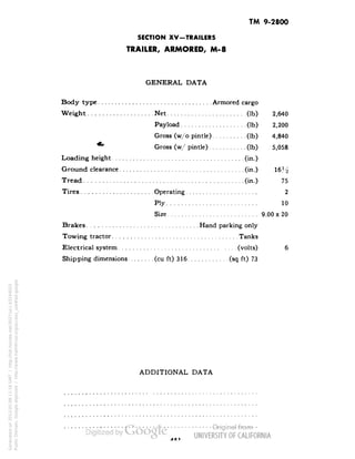 TM 9-2800 
SECTION XV-TRAILERS 
TRAILER, ARMORED, M-8 
GENERAL DATA 
Body type Armored cargo 
Weight Net (Ib) 2,640 
Payload (Ib) 2,200 
Gross (w/o pintle) (Ib) 4,840 
*• Gross (w/ pintle) (Ib) 5,058 
Loading height (in.) 
Ground clearance (in.) 16J^ 
Tread (in.) 75 
Tires Operating 2 
Ply 10 
Size 9.00 x 20 
Brakes Hand parking only 
Towing tractor Tanks 
Electrical system (volts) 6 
Shipping dimensions (cu ft) 316 (sq ft) 73 
ADDITIONAL DATA 
Generated on 2013-05-08 11:16 GMT / http://hdl.handle.net/2027/uc1.b3244022 
Public Domain, Google-digitized / http://www.hathitrust.org/access_use#pd-google 
 