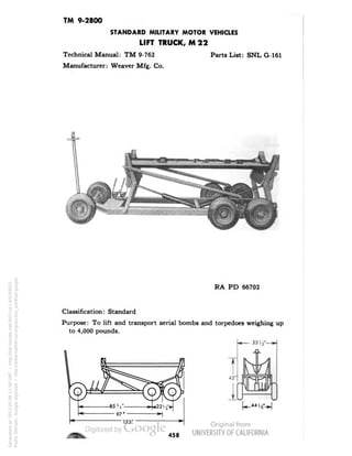 TM 9-2800 
STANDARD MILITARY MOTOR VEHICLES 
LIFT TRUCK, M 22 
Technical Manual: TM 9-762 Parts List: SNL G-161 
Manufacturer: Weaver Mfg. Co. 
RA PD 66702 
Classification: Standard 
Purpose: To lift and transport aerial bombs and torpedoes weighing up 
to 4,000 pounds. 
T 
42" 
55 i , 
458 
Generated on 2013-05-08 11:58 GMT / http://hdl.handle.net/2027/uc1.b3244022 
Public Domain, Google-digitized / http://www.hathitrust.org/access_use#pd-google 
 