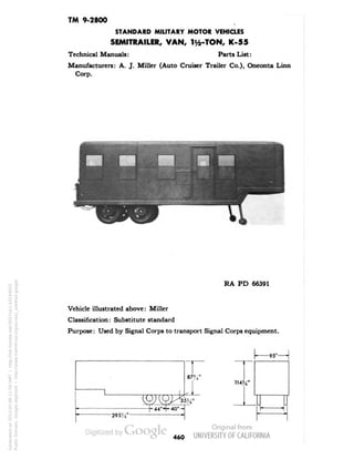 TM 9-2800 
STANDARD MILITARY MOTOR VEHICLES 
SEMITRAILER, VAN, 1^-TON, K-55 
Technical Manuals: Parts List: 
Manufacturers: A. J. Miller (Auto Cruiser Trailer Co.), Oneonta Linn 
Corp. 
RA PD 66391 
Vehicle illustrated above: Miller 
Classification: Substitute standard 
Purpose: Used by Signal Corps to transport Signal Corps equipment. 
-95" 
460 
Generated on 2013-05-08 11:59 GMT / http://hdl.handle.net/2027/uc1.b3244022 
Public Domain, Google-digitized / http://www.hathitrust.org/access_use#pd-google 
 