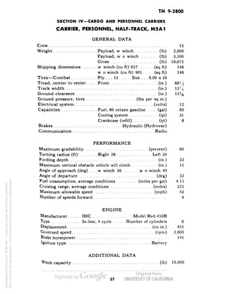 TM 9-2800 
SECTION IV-CARGO AND PERSONNEL CARRIERS 
CARRIER, PERSONNEL, HALF-TRACK, M5A1 
GENERAL DATA 
Crew 13 
Weight Payload, w/winch (Ib) 3,000 
Payload, w/o winch (Ib) 3,500 
Gross (Ib) 19,675 
Shipping dimensions w/winch (cu ft) 927 (sq ft) 146 
w/o winch (cu ft) 901 (sq ft) 146 
Tires—Combat Ply ... 12 Size . . . 9.00 x 20 
Tread, center to center Front (in.) 
Track width (in.) 
Ground clearance (in.) 
Ground pressure, tires (Ibs per sq in.) 
Electrical system (volts) 12 
Capacities Fuel, 80 octane gasoline (gal) 60 
Cooling system (qt) 31 
Crankcase (refill) (qt) 8 
Brakes Hydraulic (Hydrovac) 
Communication Radio 
PERFORMANCE 
Maximum gradability (percent) 60 
Turning radius (ft) Right 28 Left 30 
Fording depth (in.) 32 
Maximum vertical obstacle vehicle will climb (in.) 11 
Angle of approach (deg). . . .w/winch 36 wo winch 40 
Angle of departure (deg) 32 
Fuel consumption, average conditions (miles per gal) 4.15 
Cruising range, average conditions (miles) 225 
Maximum allowable speed (mph) 42 
Number of speeds forward 4 
ENGINE 
Manufacturer IHC Model Red-450B 
Type In-line, 4 cycle Number of cylinders 6 
Displacement (cu in.) 451 
Governed speed (rpm) 2,600 
Brake horsepower 141 
ignition type Battery 
ADDITIONAL DATA 
Winch capacity (Ib) 10,000 
37 
Generated on 2013-05-07 18:48 GMT / http://hdl.handle.net/2027/uc1.b3244022 
Public Domain, Google-digitized / http://www.hathitrust.org/access_use#pd-google 
 
