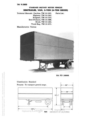TM 9-2800 
STANDARD MILITARY MOTOR VEHICLES 
SEMITRAILER, VAN, 3-TON (6-TON GROSS) 
Technical Manuals: Carolina, TM 10-1302; Parts List: 
Highway, TM 10-1363; 
Kingham, TM 10-1252; 
Steel Products, TM 10-1688; 
Strick, TM 10-1360; 
Truck Eng., TM 10-1675. 
Manufacturers: Various 
RA PD 308968 
Classification: Standard 
Purpose: To transport general cargo. 
13 V 
464 
Generated on 2013-05-07 13:19 GMT / http://hdl.handle.net/2027/uc1.b3244022 
Public Domain, Google-digitized / http://www.hathitrust.org/access_use#pd-google 
 