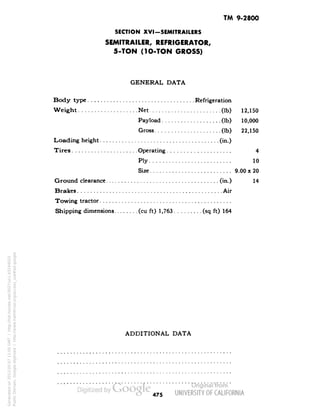 TM 9-2800 
SECTION XVI-SEMITRAILERS 
SEMITRAILER, REFRIGERATOR, 
5-TON (10-TON GROSS) 
GENERAL DATA 
Body type Refrigeration 
Weight Net (Ib) 12,150 
Payload (Ib) 10,000 
Gross (Ib) 22,150 
Loading height (in.) 
Tires Operating 4 
Ply 10 
Size 9.00x20 
Ground clearance (in.) 14 
Brakes Air 
Towing tractor 
Shipping dimensions (cu ft) 1,763 (sq ft) 164 
ADDITIONAL DATA 
475 
Generated on 2013-05-07 11:05 GMT / http://hdl.handle.net/2027/uc1.b3244022 
Public Domain, Google-digitized / http://www.hathitrust.org/access_use#pd-google 
 