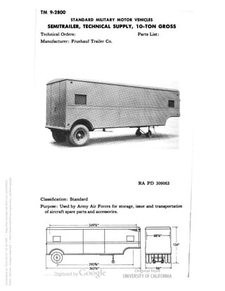 TM 9-2800 
STANDARD MILITARY MOTOR VEHICLES 
SEMITRAILER, TECHNICAL SUPPLY, 1O-TON GROSS 
Technical Orders: Parts List: 
Manufacturer: Fruehauf Trailer Co. 
RA PD 309063 
Classification: Standard 
Purpose: Used by Army Air Forces for storage, issue and transportation 
of aircraft spare parts and accessories. 
-3491A"- 
290%" 
-362%" 
[• 88V j 
134" 
-96" 
Generated on 2013-05-07 10:30 GMT / http://hdl.handle.net/2027/uc1.b3244022 
Public Domain, Google-digitized / http://www.hathitrust.org/access_use#pd-google 
 