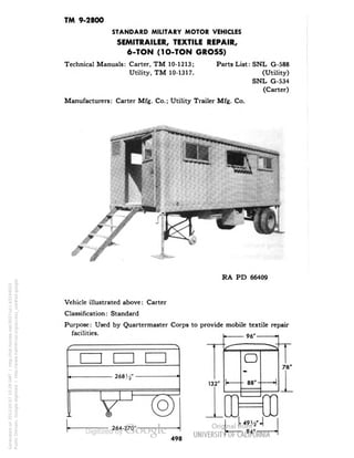 TM 9-2800 
STANDARD MILITARY MOTOR VEHICLES 
SEMITRAILER, TEXTILE REPAIR, 
6-TON (1O-TON GROSS) 
Technical Manuals: Carter, TM 10-1213; Parts List: SNL G-588 
Utility, TM 10-1317. (Utility) 
SNL G-534 
(Carter) 
Manufacturers: Carter Mfg. Co.; Utility Trailer Mfg. Co. 
RA PD 66409 
Vehicle illustrated above: Carter 
Classification: Standard 
Purpose: Used by Quartermaster Corps to provide mobile textile repair 
facilities. 
268'. 
96'- 
o 
88' 
264-270' 
132' 
94' 
78" 
498 
Generated on 2013-05-07 10:29 GMT / http://hdl.handle.net/2027/uc1.b3244022 
Public Domain, Google-digitized / http://www.hathitrust.org/access_use#pd-google 
 