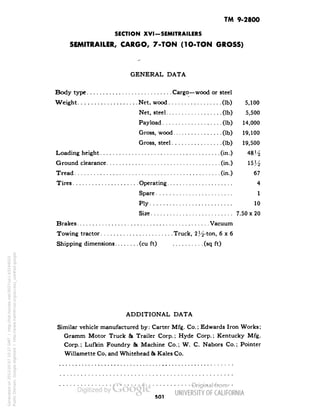 TM 9-2800 
SECTION XVI-SEMITRAILERS 
SEMITRAILER, CARGO, 7-TON (10-TON GROSS) 
— 
GENERAL DATA 
Body type Cargo—wood or steel 
Weight Net, wood (Ib) 5,100 
Net, steel (Ib) 5,500 
Payload (Ib) 14,000 
Gross, wood (Ib) 19,100 
Gross, steel (Ib) 19,500 
Loading height (in.) 48J^ 
Ground clearance (in.) 15^£ 
Tread (in.) 67 
Tires Operating 4 
Spare 1 
Ply 10 
Size 7.50 x 20 
Brakes Vacuum 
Towing tractor Truck, 2%-ton, 6x6 
Shipping dimensions (cu ft) (sq ft) 
ADDITIONAL DATA 
Similar vehicle manufactured by: Carter Mfg. Co.; Edwards Iron Works; 
Gramm Motor Truck & Trailer Corp.; Hyde Corp.; Kentucky Mfg. 
Corp.; Lufkin Foundry & Machine Co.; W. C. Nabors Co.; Pointer 
Willamette Co, and Whitehead & Kales Co. 
501 
Generated on 2013-05-07 10:27 GMT / http://hdl.handle.net/2027/uc1.b3244022 
Public Domain, Google-digitized / http://www.hathitrust.org/access_use#pd-google 
 