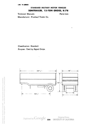 STANDARD MILITARY MOTOR VEHICLES 
SEMITRAILER, 13-TON GROSS, K-78 
Technical Manuals: Parts List: 
Manufacturer: Fruehauf Trailer Co. 
Classification: Standard 
Purpose: Used by Signal Corps. 
504 
Generated on 2013-05-07 10:26 GMT / http://hdl.handle.net/2027/uc1.b3244022 
Public Domain, Google-digitized / http://www.hathitrust.org/access_use#pd-google 
 