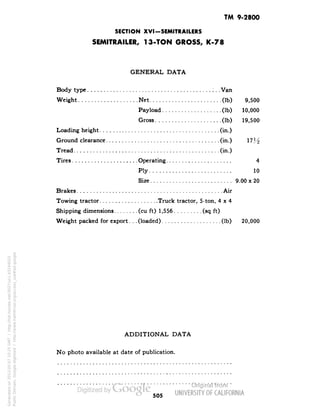 TM 9-2800 
SECTION XVI-SEMITRAILERS 
SEMITRAILER, 13-TON GROSS, K-78 
GENERAL DATA 
Body type 7. . Van 
Weight Net (Ib) 9,500 
Payload (Ib) 10,000 
Gross (Ib) 19,500 
Loading height , (in.) 
Ground clearance (in.) 17H 
Tread (in.) 
Tires Operating 4 
Ply 10 
Size 9.00 x 20 
Brakes Air 
Towing tractor Truck tractor, 5-ton, 4x4 
Shipping dimensions (cu ft) 1,556 (sq ft) 
Weight packed for export. . . (Ioaded) (Ib) 20,000 
ADDITIONAL DATA 
No photo available at date of publication. 
505 
Generated on 2013-05-07 10:25 GMT / http://hdl.handle.net/2027/uc1.b3244022 
Public Domain, Google-digitized / http://www.hathitrust.org/access_use#pd-google 
 
