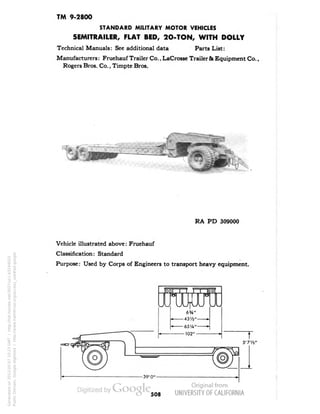 TM 9-2800 
STANDARD MILITARY MOTOR VEHICLES 
SEMITRAILER, FLAT BED, 2O-TON, WITH DOLLY 
Technical Manuals: See additional data Parts List: 
Manufacturers: Fruehauf Trailer Co., LaCrosse Trailer & Equipment Co., 
Rogers Bros. Co., Timpte Bros. 
RA PD 309000 
Vehicle illustrated above: Fruehauf 
Classification: Standard 
Purpose: Used by Corps of Engineers to transport heavy equipment. 
508 
Generated on 2013-05-07 10:23 GMT / http://hdl.handle.net/2027/uc1.b3244022 
Public Domain, Google-digitized / http://www.hathitrust.org/access_use#pd-google 
 