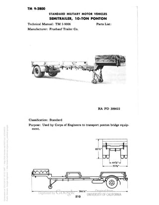TM 9-2800 
STANDARD MILITARY MOTOR VEHICLES 
SEMITRAILER, 1O-TON PONTON 
Technical Manual: TM 5-9006 Parts List: 
Manufacturer: Fruehauf Trailer Co. 
RA PD 309022 
Classification: Standard 
Purpose: Used by Corps of Engineers to transport ponton bridge equip-ment. 
82 W 
J 
JU 
95%" 
510 
Generated on 2013-05-07 10:22 GMT / http://hdl.handle.net/2027/uc1.b3244022 
Public Domain, Google-digitized / http://www.hathitrust.org/access_use#pd-google 
 