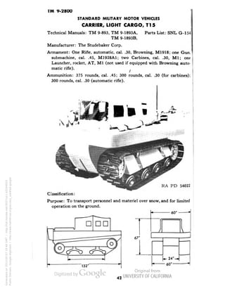 T»Vl 9-2800 
STANDARD MILITARY MOTOR VEHICLES 
CARRIER, LIGHT CARGO, T15 
Technical Manuals: TM 9-893, TM 9-1893A, Parts List: SNL G-154 
TM 9-1893B. 
Manufacturer: The Studebaker Corp. 
Armament: One Rifle, automatic, cal. .30, Browning, M1918; one Gun, 
submachine, cal. .45, M1928A1; two Carbines, cal. .30, Ml; one 
Launcher, rocket, AT, M1 (not used if equipped with Browning auto-matic 
rifle). 
Ammunition: 375 rounds, cal. .45; 300 rounds, cal. .30 (for carbines); 
300 rounds, cal. .30 (automatic rifle). 
RA PD 54022 
^ 
Classification: 
Purpose: To transport personnel and materiel over snow, and for limited 
operation on the ground. 
• 60' 
67' 
60 
42 
Generated on 2013-05-07 18:46 GMT / http://hdl.handle.net/2027/uc1.b3244022 
Public Domain, Google-digitized / http://www.hathitrust.org/access_use#pd-google 
 