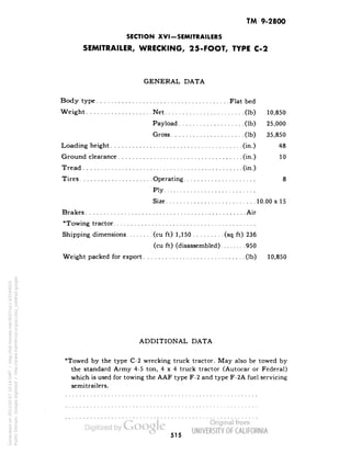 TM 9-2800 
SECTION XVI-SEMITRAILERS 
SEMITRAILER, WRECKING, 25-FOOT, TYPE C-2 
GENERAL DATA 
Body type Flat bed 
Weight Net (Ib) 10,850 
Payload (Ib) 25,000 
Gross (Ib) 35,850 
Loading height (in.) 48 
Ground clearance (in.) 10 
Tread (in.) 
Tires Operating 8 
Ply 
Size 10.00x15 
Brakes Air 
"Towing tractor 
Shipping dimensions (cu ft) 1,150 (sq ft) 236 
(cu ft) (disassembled) 950 
Weight packed for export (Ib) 10,850 
ADDITIONAL DATA 
*Towed by the type C-2 wrecking truck tractor. May also be towed by 
the standard Army 4-5 ton, 4x4 truck tractor (Autocar or Federal) 
which is used for towing the AAF type F-2 and type F-2A fuel servicing 
semitrailers. 
515 
Generated on 2013-05-07 10:14 GMT / http://hdl.handle.net/2027/uc1.b3244022 
Public Domain, Google-digitized / http://www.hathitrust.org/access_use#pd-google 
 