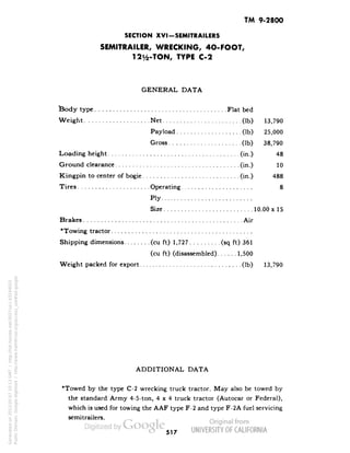 TM 9-2800 
SECTION XVI-SEMITRAILERS 
SEMITRAILER, WRECKING, 4O-FOOT, 
TYPE C-2 
GENERAL DATA 
Body type Flat bed 
Weight Net (Ib) 13,790 
Payload (Ib) 25,000 
Gross (Ib) 38,790 
Loading height (in.) 48 
Ground clearance (in.) 10 
Kingpin to center of bogie (in.) 488 
Tires Operating 8 
Ply 
Size 10.00x15 
Brakes Air 
*Towing tractor 
Shipping dimensions (cu ft) 1,727 (sq ft) 361 
(cu ft) (disassembled) 1,500 
Weight packed for export (Ib) 13,790 
ADDITIONAL DATA 
*Towed by the type C-2 wrecking truck tractor. May also be towed by 
the standard Army 4-5-ton, 4x4 truck tractor (Autocar or Federal), 
which is used for towing the AAF type F-2 and type F-2A fuel servicing 
semitrailers. 
517 
Generated on 2013-05-07 10:13 GMT / http://hdl.handle.net/2027/uc1.b3244022 
Public Domain, Google-digitized / http://www.hathitrust.org/access_use#pd-google 
 