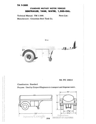 TM 9-2800 
STANDARD MILITARY MOTOR VEHICLES 
SEMITRAILER, TANK, WATER, 1,5OO-GAL. 
Technical Manual: TM 5-5000. 
Manufacturer: Columbian Steel Tank Co. 
Parts List: 
RA PD 309012 
Classification: Standard 
Purpose: Used by Corps of Engineers to transport and dispense water. 
518 
Generated on 2013-05-07 10:12 GMT / http://hdl.handle.net/2027/uc1.b3244022 
Public Domain, Google-digitized / http://www.hathitrust.org/access_use#pd-google 
 