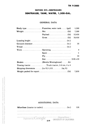 TM 9-2800 
SECTION XVI-SEMITRAILERS 
SEMITRAILER, TANK, WATER, 1,5OO-GAL. 
GENERAL DATA 
Body type Frameless, water tank (gal) 1,500 
Weight Net (Ib) 7,500 
Payload (Ib) 12,450 
Gross (Ib) 19,450 
Loading height (in.) 
Ground clearance '(in.) 16 
Tread (in.) 
Tires Operating 4 
Spare 1 
Ply 10 
Size 9.00x 20 
Brakes (Bendix-Westinghouse) Air 
Towing tractor Truck tractor, 5-6 ton, 4x4 
Shipping dimensions (cu ft) 1,115 (sq ft) 
Weight packed for export (Ib) 7,650 
ADDITIONAL DATA 
WheeIbase (tractor to trailer) (in.) 136 
519 
Generated on 2013-05-07 10:12 GMT / http://hdl.handle.net/2027/uc1.b3244022 
Public Domain, Google-digitized / http://www.hathitrust.org/access_use#pd-google 
 